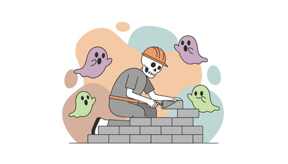Skeleton in hard hat building brick wall surrounded by cheerful ghosts Halloween construction concept