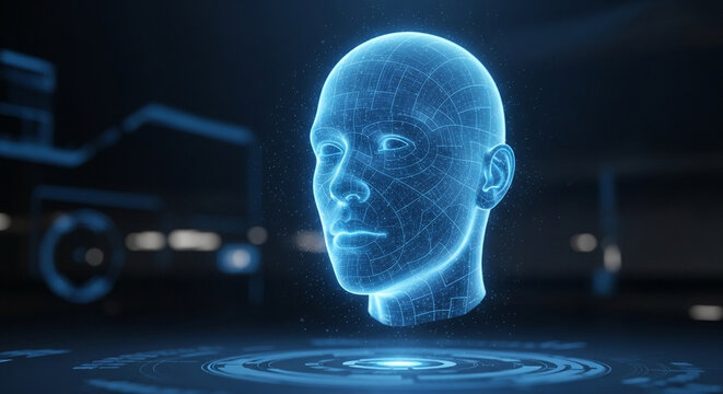 Futuristic digital head with glowing blue lines and dots, representing artificial intelligence and advanced technology in a dark environment