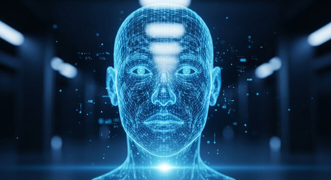 Advanced digital human head with glowing blue lines and dots, symbolizing artificial intelligence and future technology in a dark environment