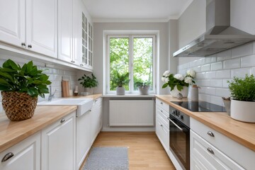 Modern Scandinavian kitchen interior design with wooden countertop