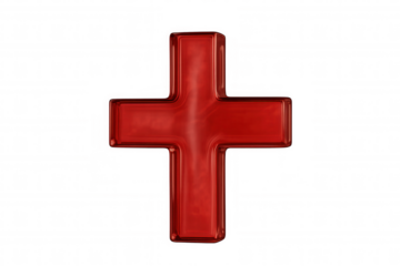 Red glossy plus sign symbol representing adding, growing, healthcare, assistance, and positive outcomes on a transparent background