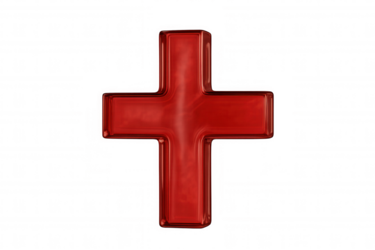 Red glossy plus sign symbol representing adding, growing, healthcare, assistance, and positive outcomes on a transparent background