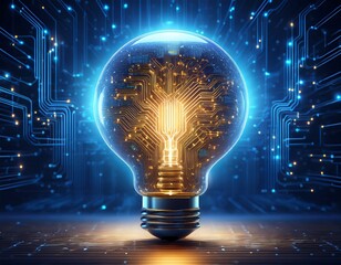 A glowing bulb with an internal circuit board structure radiates bright light. Electronic connections surround the bulb on a dark blue backdrop, symbolizing innovation and the digital world.