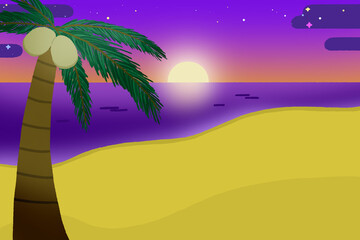 サンセットと星空のヤシの木ビーチテンプレート