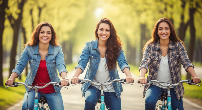 Three women are riding bicycles on a treelined road, smiling and enjoying the sunny day, creating a scene of friendship, fun, and outdoor activity