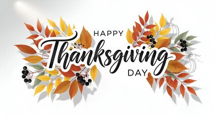 ​A unique and elegant graphic design with beautiful calligraphy text spelling out Happy Thanksgiving and a colorful frame of autumn leaves, berries and line art pumpkins on a clean white background.
