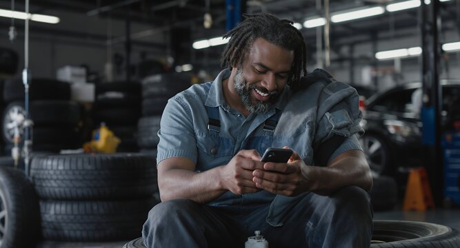 Mechanic Relaxing and Smiling While Using a Smartphone Inside a Workshop