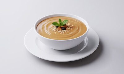 Peruvian Manjar Blanco Dessert in White Bowl Garnished with Nuts and Mint on Studio Background