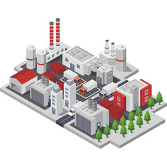 Isometric Industrial Factory Complex with Trucks and Trees on a White Background