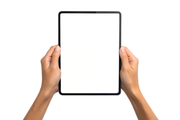 Person holding a black tablet computer with a blank black screen isolated on a black background