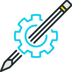 Flat Icon of a Pencil Writing Through a Blue Cogwheel Symbolizing Creativity and Engineering on a Transparent Background