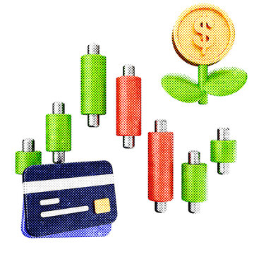 3d trading increase profit credit card halftone style