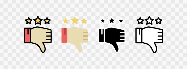 Thumbs down rating icons with stars, suitable for feedback forms, review platforms, and negative rating concepts.