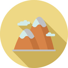 Flat color illustration of two snow capped mountains with clouds and long shadows on a pale yellow circular background