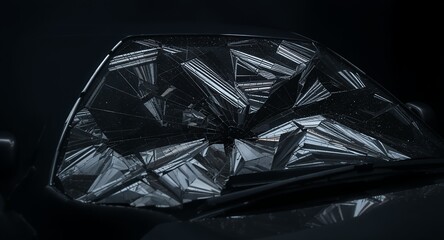 Shattered Windshield Broken Auto Glass with Cracks and Reflections