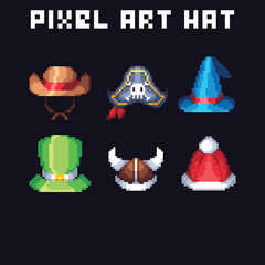 this hat icon set in pixel art with colorful color and black background ,this item good for presentations, stickers, icons, t shirt design,game asset,logo and your project.
