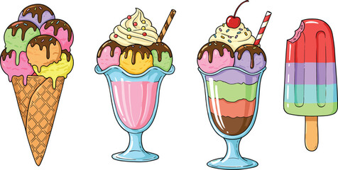 Colorful cartoon ice cream vector illustration with waffle cone, sundae dishes, layered popsicle, scoops, whipped cream, cherry, syrup, sprinkles, summer dessert art