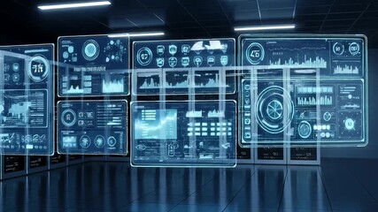 Futuristic data center with holographic screens displaying analytics and graphs - Powered by Adobe