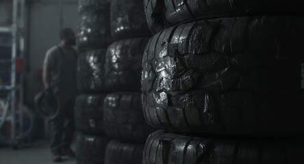Stacked Tires in a Workshop with a Worker in the Background