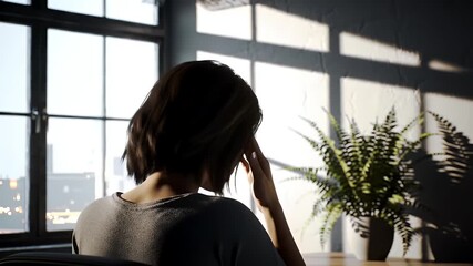 Brunette Woman Facing Away Rubbing Temples In Brightly Lit Room With Large Window Plant And Minimalist Decor Feeling Stressed Or Anxious Seeking Relief From Headache Or Tension