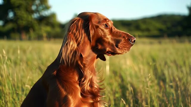 Caramel Irish Setter Portrait with Golden Light and Green Field Backdrop Caramel Coated Irish Setter with Warm Natural Light and Verdant Meadow Background Pet Theme Close Up Shot