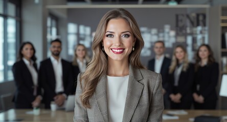 Successful Businesswoman Smiling Confidently with Her Team