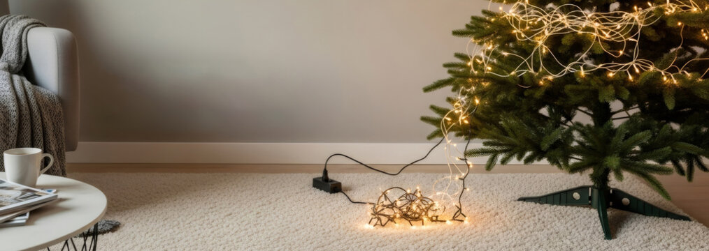 Christmas tree with tangled string lights plugged into extension cord on carpet. Fire safety hazard during holiday season. Overloaded socket risk.