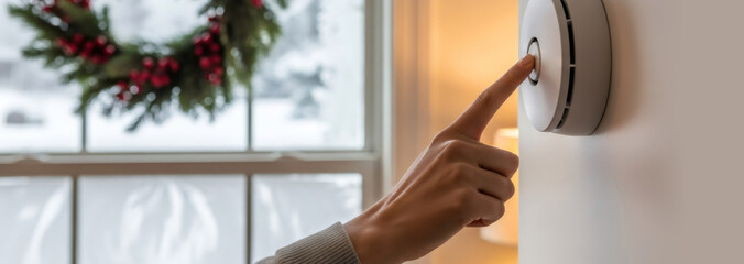 Woman checking smoke detector during Christmas season. Fire safety check for holiday. Home security and prevention from accidental fire.