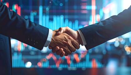 Two people shaking hands over an animated background