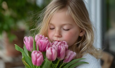Fototapeta premium A young girl with blonde hair, highlighted with delicate glitter, is captured in a moment of pure bliss as she brings a vibrant bouquet of pink tulips to her face