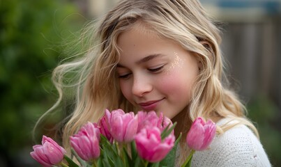 Fototapeta premium A young girl with blonde hair, highlighted with delicate glitter, is captured in a moment of pure bliss as she brings a vibrant bouquet of pink tulips to her face