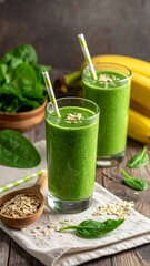 Two glasses of green smoothie with straw and ingredients