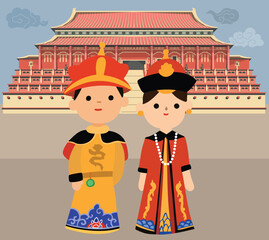 Chinese Emperor and Empress in Forbidden City &ndash; Traditional Imperial Couple Illustration