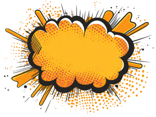Comic book explosion burst with orange splatter effect on black background