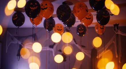 Festive orange and black Halloween balloons with spooky faces float beneath soft bokeh lights and cobwebs, concept for themed event, party decoration and seasonal backdrop
