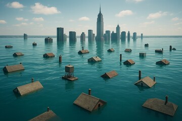 City skyline submerged, only rooftops poking through flooded glass 