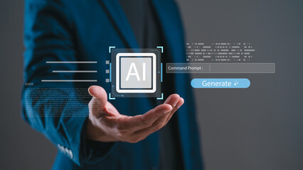 A person in a suit gestures towards a digital interface displaying AI-related elements, highlighting technology and data interaction.

