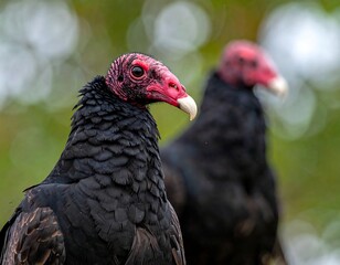 Two vultures, heads in profile, with red heads and black feathers
