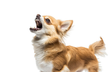 Tiny chihuahua fiercely barking with mouth open, an adorable yet expressive pet dog isolated, capturing a moment of canine emotion and communication