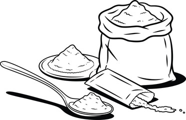 Black and White Illustration of Powdered Substance with Spoon and Bag