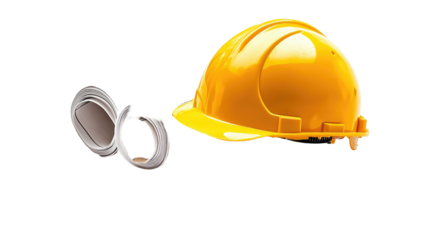 Yellow hardhat beside rolled blueprints isolated on black