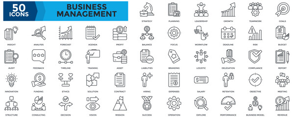 Business Management icon set. Containing strategy, planning, leadership, profit, teamwork, goals, budget, objective, structure, delegation, compliance icon. Outline style