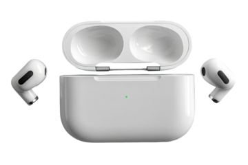 White earbuds & open charging case, isolated against black backdrop