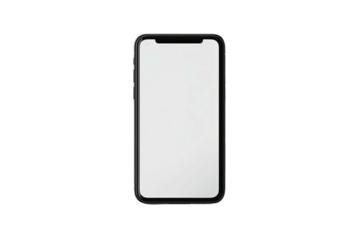 Front view black smartphone with blank white screen, centered in shot