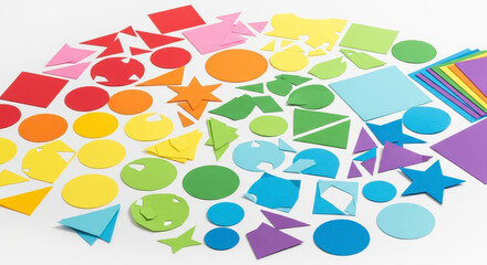 Colorful geometric paper shapes on white background