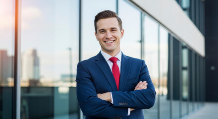 Confident businessman in blue suit outdoors.