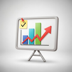 3D chart with upward arrow and sticky note.