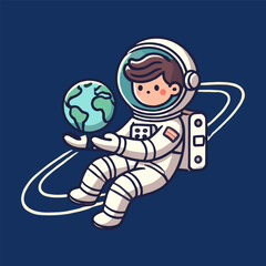 Flat Illustration of Astronaut Holding Globe on Dark Blue Background