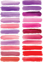 Elegant watercolor brush stroke set featuring a spectrum of purples, pinks, and reds. Each swatch shows rich texture and soft gradient blending, ideal for digital art, graphic design, packaging.
