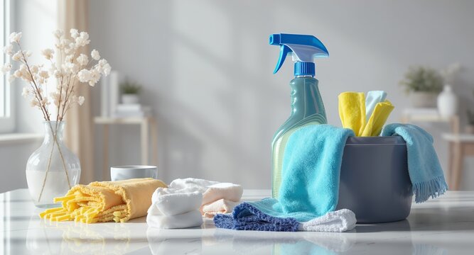 Cleaning supplies and fresh flowers setup for household tidiness and sanitation